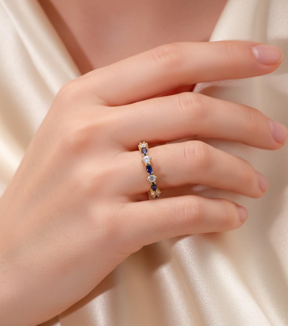 Blue Sapphire Marquise Wedding Ring, September Birthstone Ring, 18K Gold Half Eternity Wedding Band,  Blue Gemstone Band Gift for Her