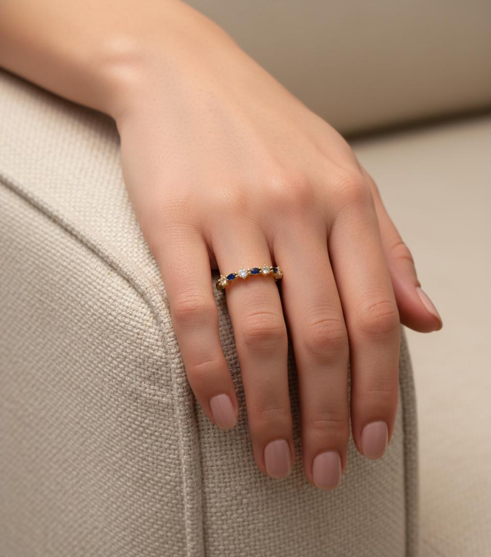 Blue Sapphire Marquise Wedding Ring, September Birthstone Ring, 18K Gold Half Eternity Wedding Band,  Blue Gemstone Band Gift for Her