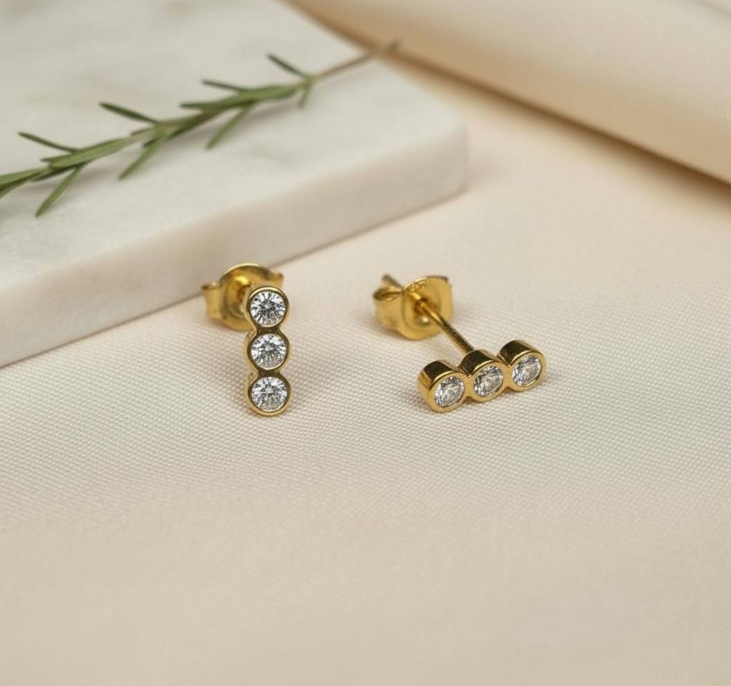 Three Stone Diamond Stud Earrings, 18K Gold Minimalist Earrings Gift for Her, Trio Bar Stud Earrings