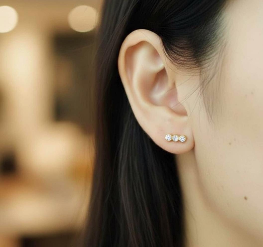 Three Stone Diamond Stud Earrings, 18K Gold Minimalist Earrings Gift for Her, Trio Bar Stud Earrings