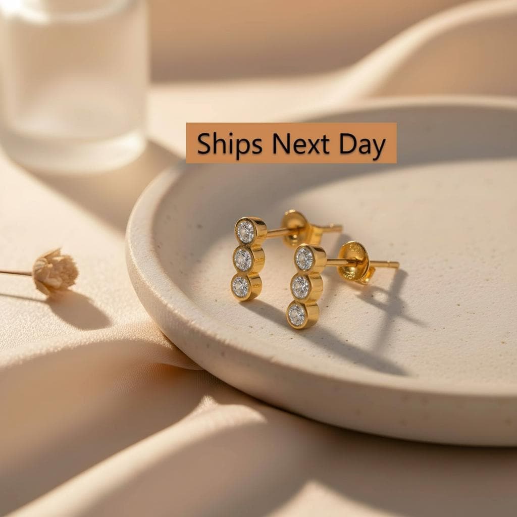 Three Stone Diamond Stud Earrings, 18K Gold Minimalist Earrings Gift for Her, Trio Bar Stud Earrings