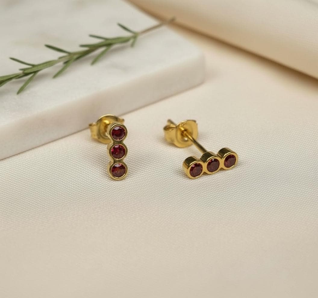 Ruby Earrings / Three Stone Stud Earrings / July Birthstone Gift / Minimalist Gemstone Earrings