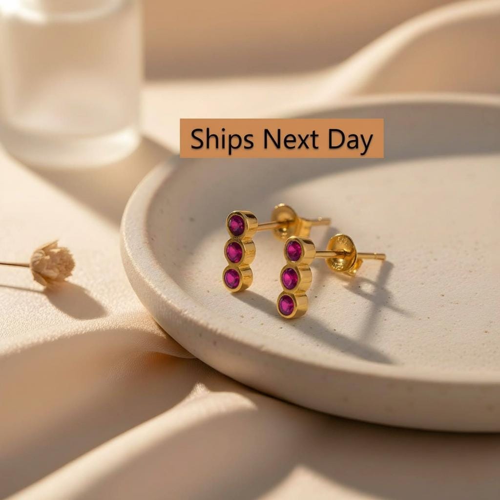 Ruby Earrings / Three Stone Stud Earrings / July Birthstone Gift / Minimalist Gemstone Earrings