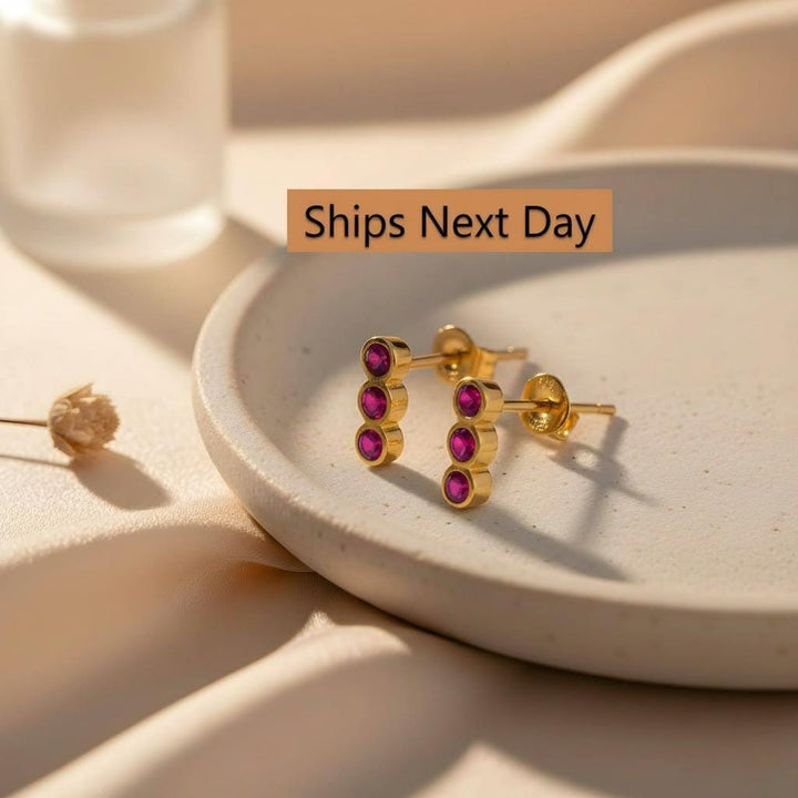 Ruby Earrings / Three Stone Stud Earrings / July Birthstone Gift / Minimalist Gemstone Earrings