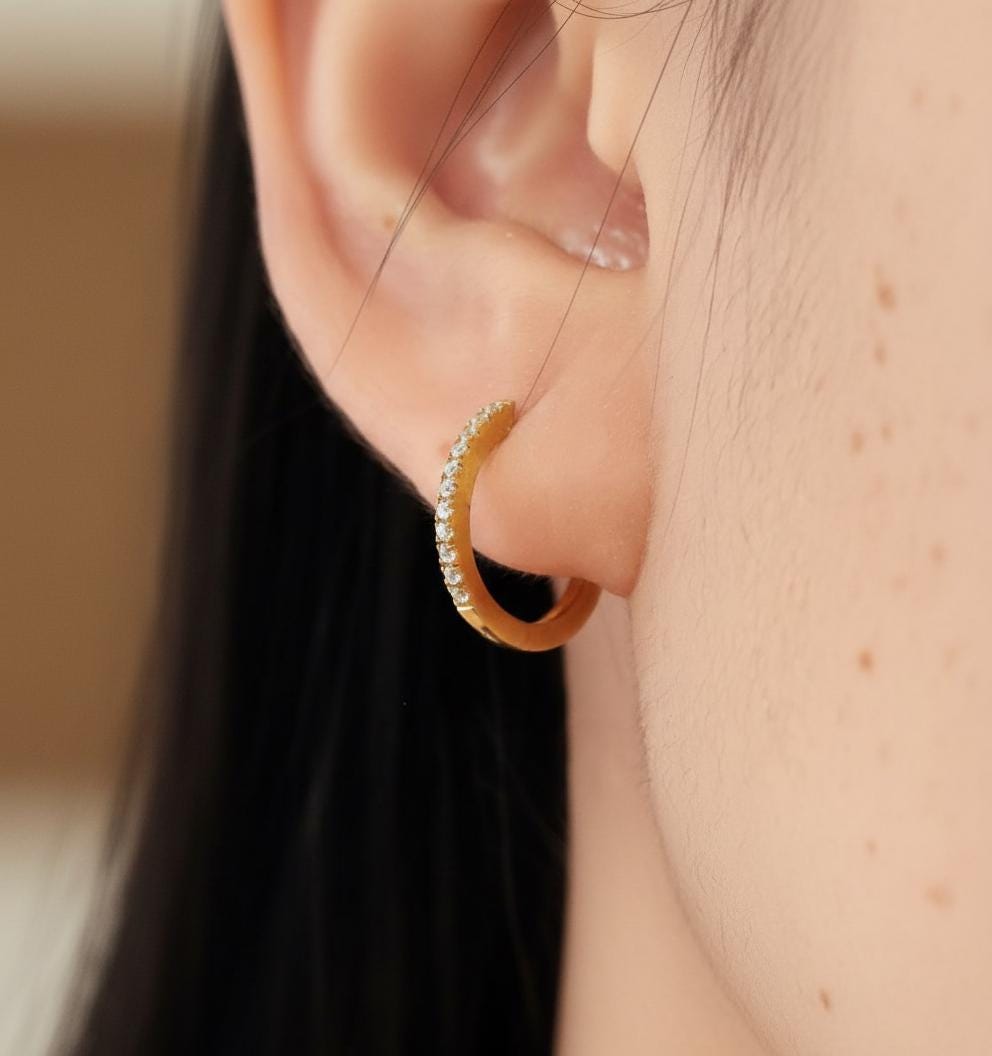 10mm Moissanite Huggie Hoop Earrings, 18K Gold Everyday Earrings for Women, Minimalist Hoop Earrings, Wedding Earrings