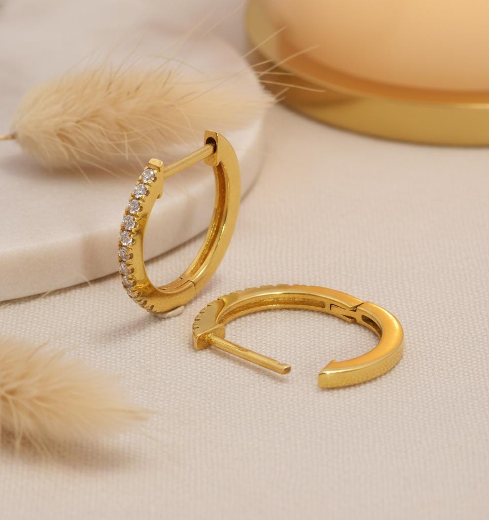 10mm Moissanite Huggie Hoop Earrings, 18K Gold Everyday Earrings for Women, Minimalist Hoop Earrings, Wedding Earrings