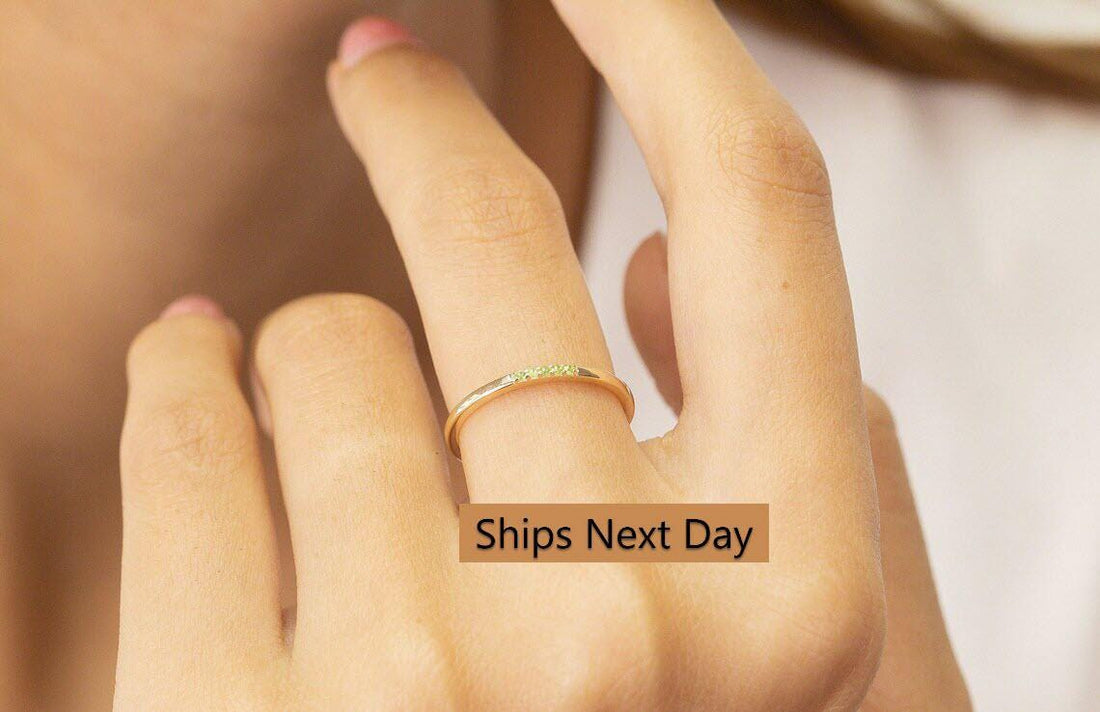 Five Stones Dainty Peridot Band, August Birthstone Gift, Sterling Silver Dainty Wedding Ring, Minimalist Band