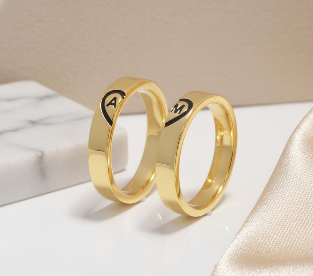 His and Her Matching Couple Rings, Engraved Initial Rings, Personalized Anniversary Gift for Women