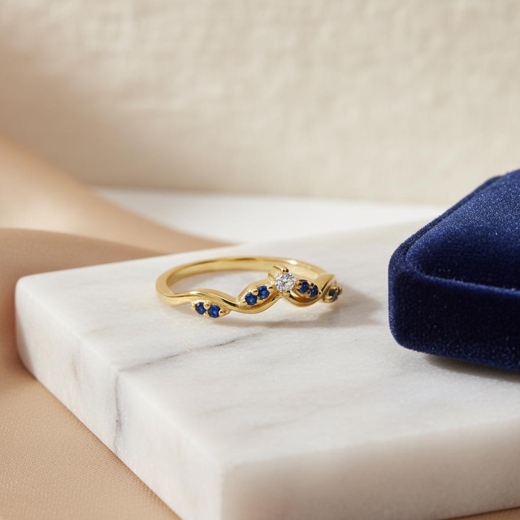 Olive Branch Curved Wedding Band, Alternating Diamond and Blue Sapphire Ring, Antique Stackable Matching Band, Promise Ring