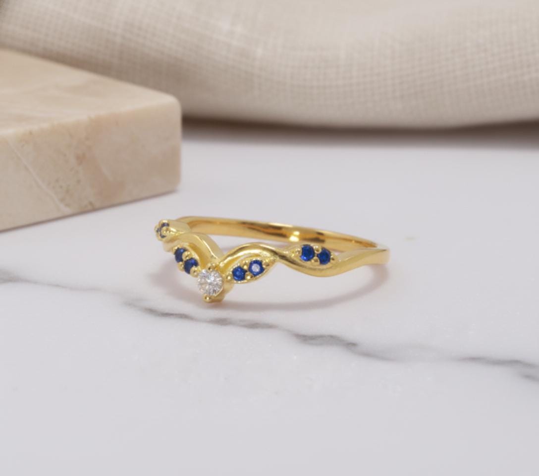 Olive Branch Curved Wedding Band, Alternating Diamond and Blue Sapphire Ring, Antique Stackable Matching Band, Promise Ring