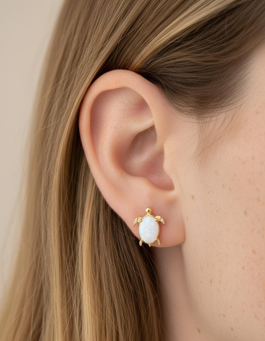 Turtle Opal Stud Earrings, Turtle Fire Opal Gemstone Jewelry, Cute Sea Turtle Jewelry for Women, Gift for Sea Lover, Sea Theme Jewelry