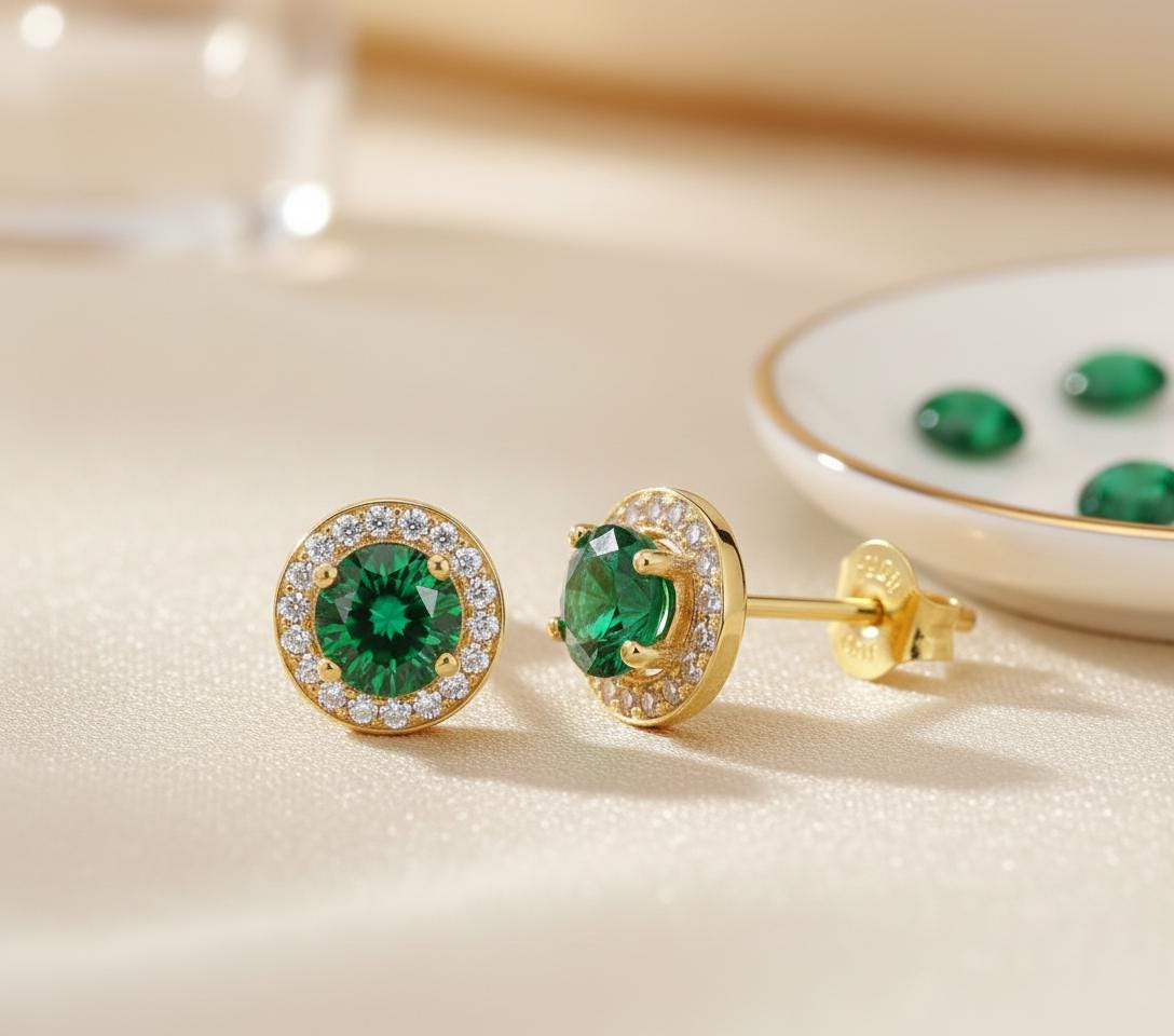 Emerald Stud Earrings, May Birthstone Gift, 18K Gold Plated Diamond Halo Emerald Earrings, Everyday Jewelry for Women