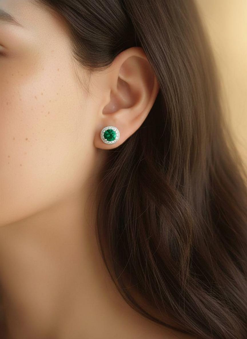 Emerald Stud Earrings, May Birthstone Gift, 18K Gold Plated Diamond Halo Emerald Earrings, Everyday Jewelry for Women
