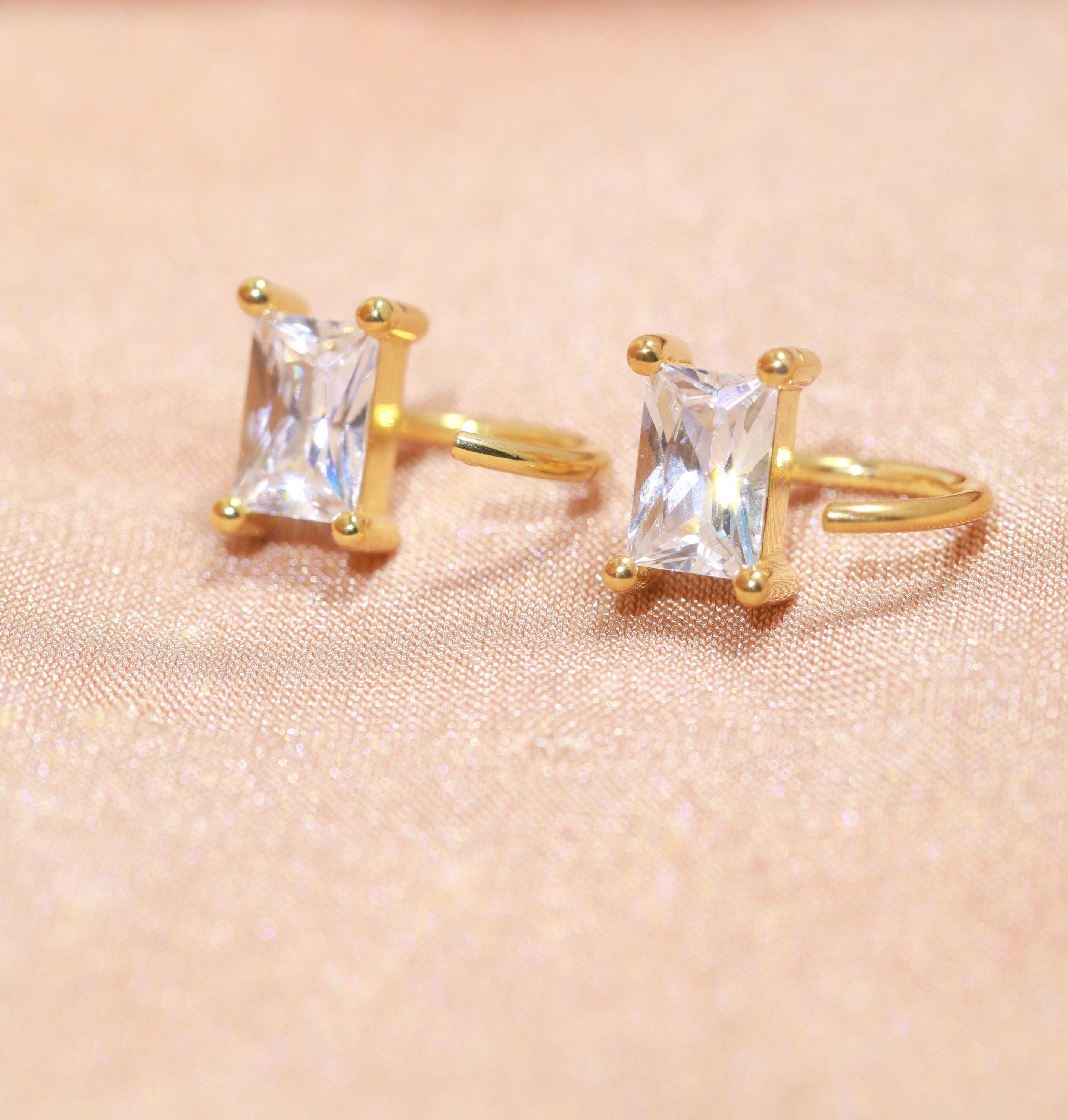Baguette Open Huggies Earrings Sparkly Baguette Hoops Baguette CZ Huggie Earrings Gold Baguette Hoop Earrings Gift for Her