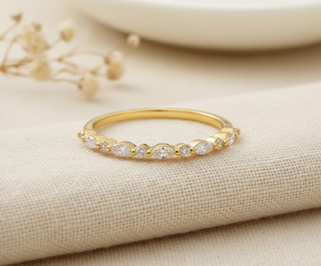 Vintage Diamond Wedding Band, Marquise Cut Half Eternity Stacking Ring, Art Deco Engagement Band, Marquise Ring, Christmas Gift for Her