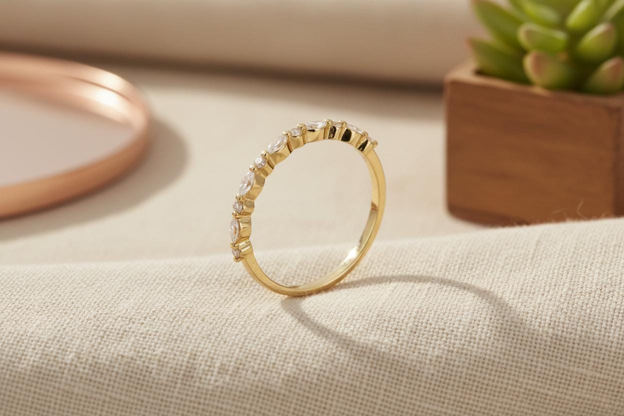 Vintage Diamond Wedding Band, Marquise Cut Half Eternity Stacking Ring, Art Deco Engagement Band, Marquise Ring, Christmas Gift for Her