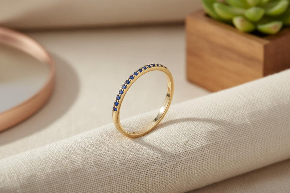 Micro Pave Blue Sapphire Wedding Band, Sterling Silver Dainty Stackable Band, September Birthstones, Stacking Ring