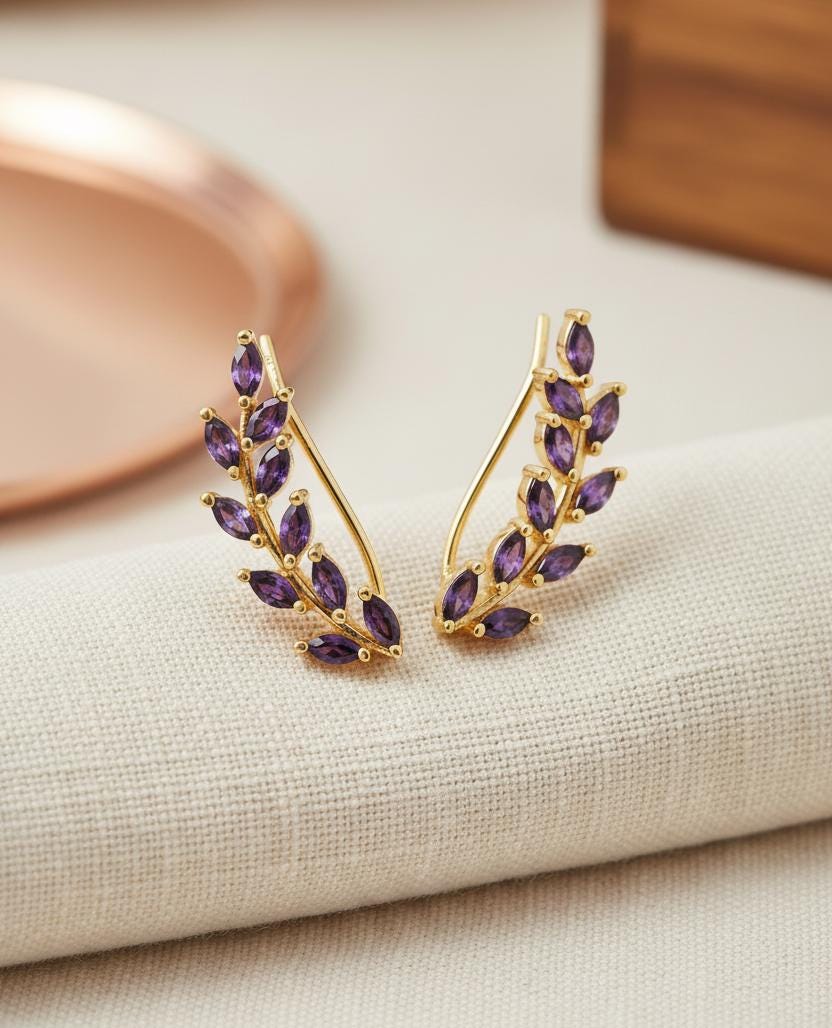 Amethyst Earring Climber / Ear Crawlers Earrings / Marquise Ear Climber Earrings / Bridesmaid Gift / February Birthstones / In Stock