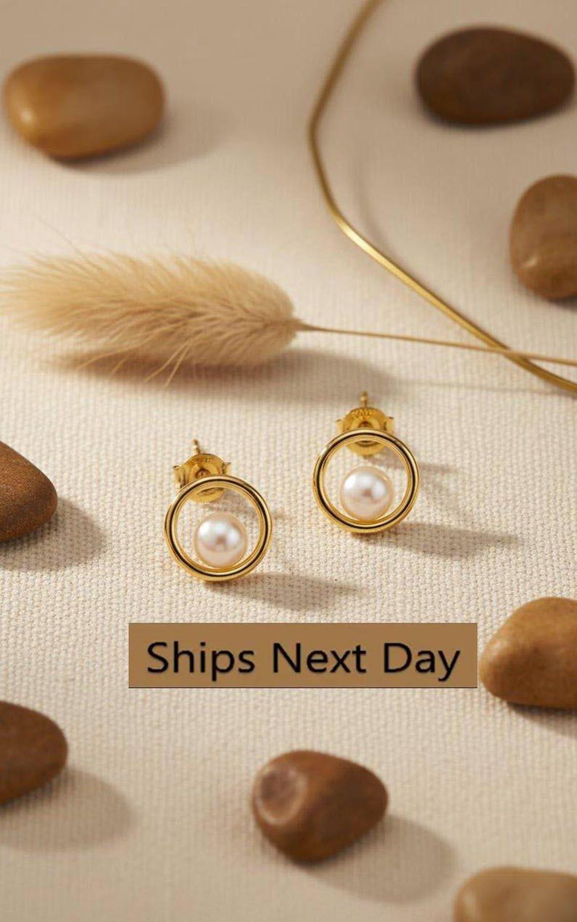 Pearl Circle Stud Earrings, Tiny Hoop Earring, Freshwater Pearl Earrings, Dainty Earrings Gift For Women, Last Minute Gifts