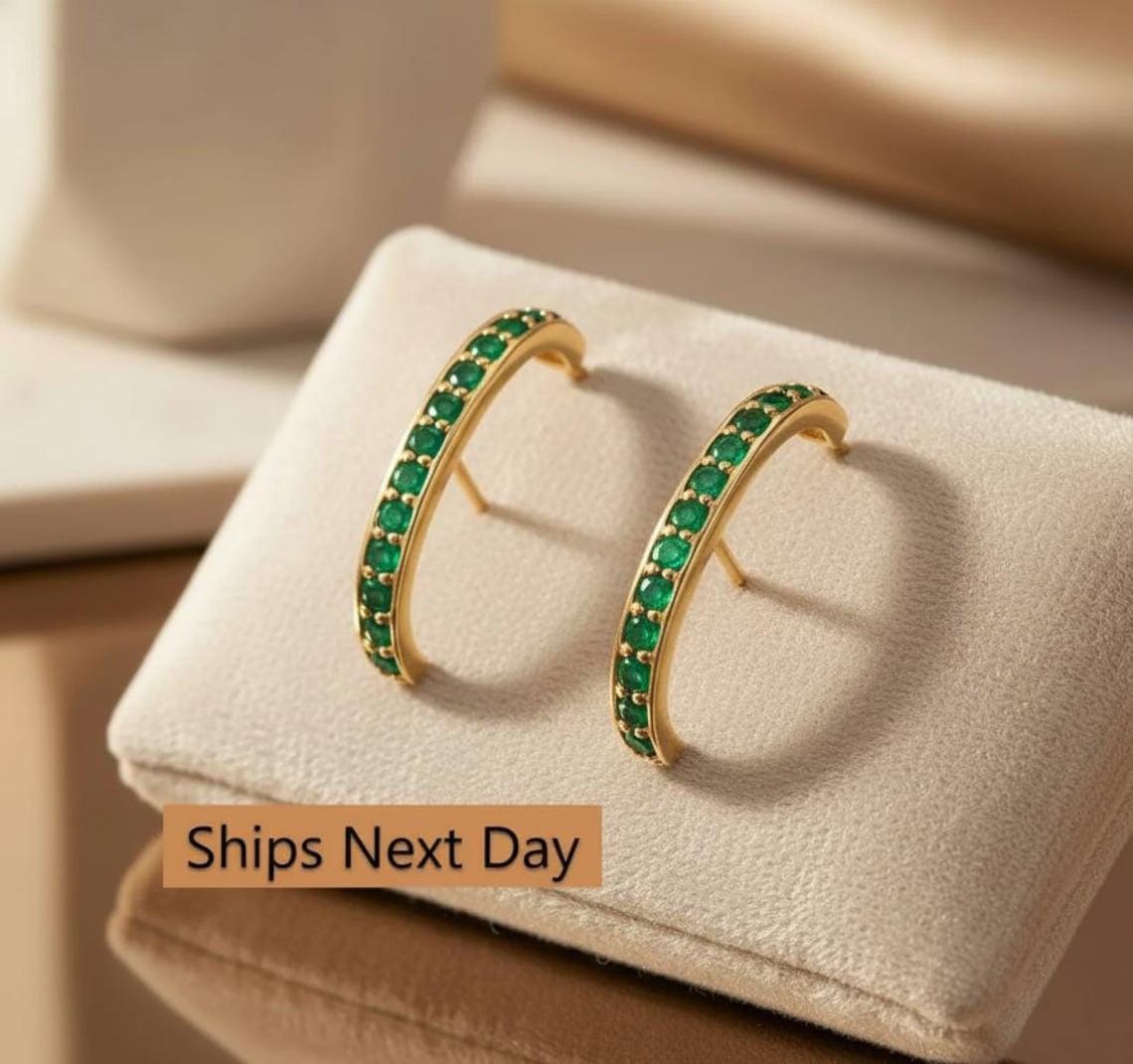 Channel Set Emerald Earrings, Curve Stud Earrings, May Birthstone Gift, Dainty Suspender Earrings, Green Stone Earrings Gift for Her