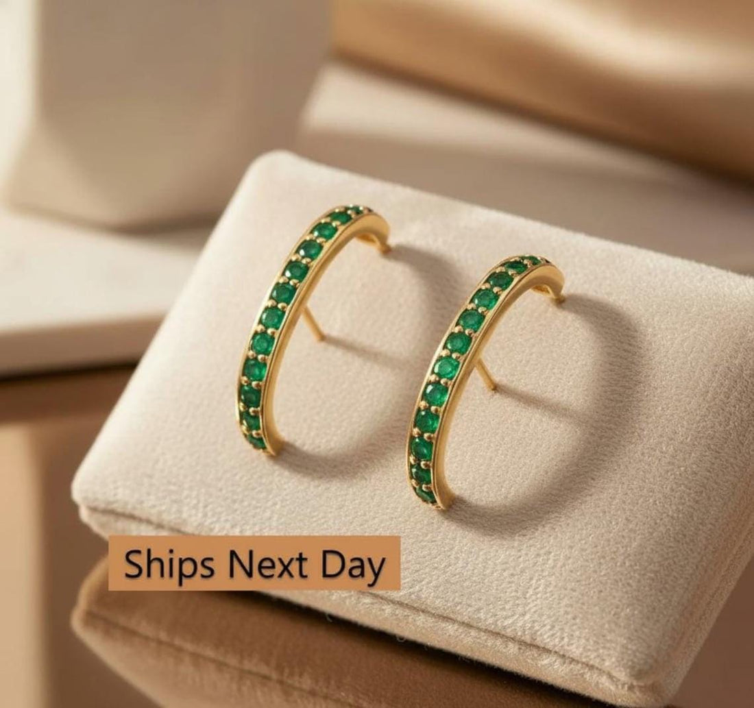 Channel Set Emerald Earrings, Curve Stud Earrings, May Birthstone Gift, Dainty Suspender Earrings, Green Stone Earrings Gift for Her