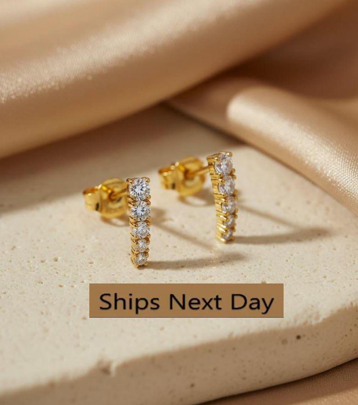 Diamond Bar Stud Earrings, April Birthstone Earrings, Dainty Minimalist Diamond Studs, Bridesmaid Bridal Gift for Her