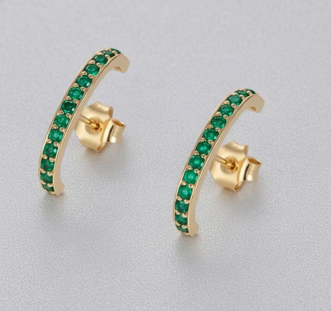 Channel Set Emerald Earrings, Curve Stud Earrings, May Birthstone Gift, Dainty Suspender Earrings, Green Stone Earrings Gift for Her