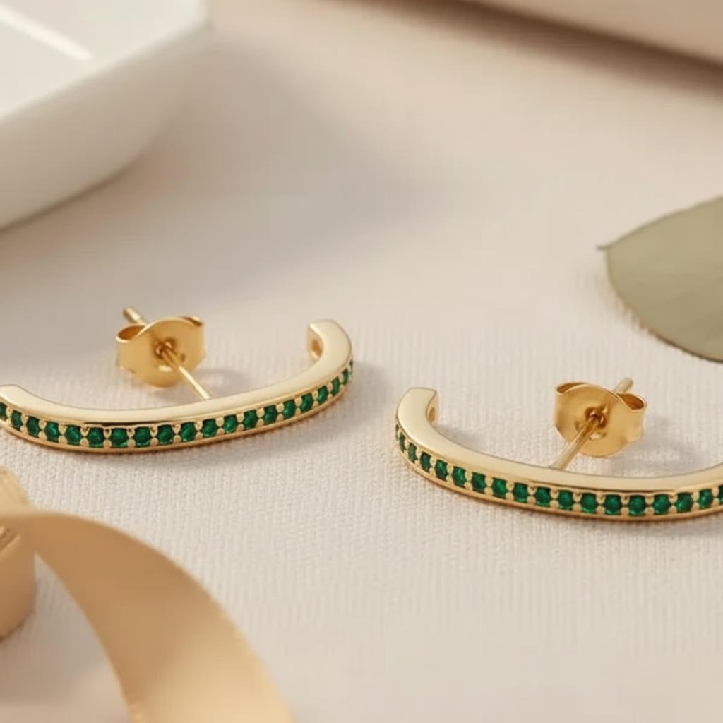 Emerald Curved Bar Stud Earrings, Channel Set May Birthstone Earrings, Dainty Green Gemstone Ear Climbers, Bridesmaid Gift