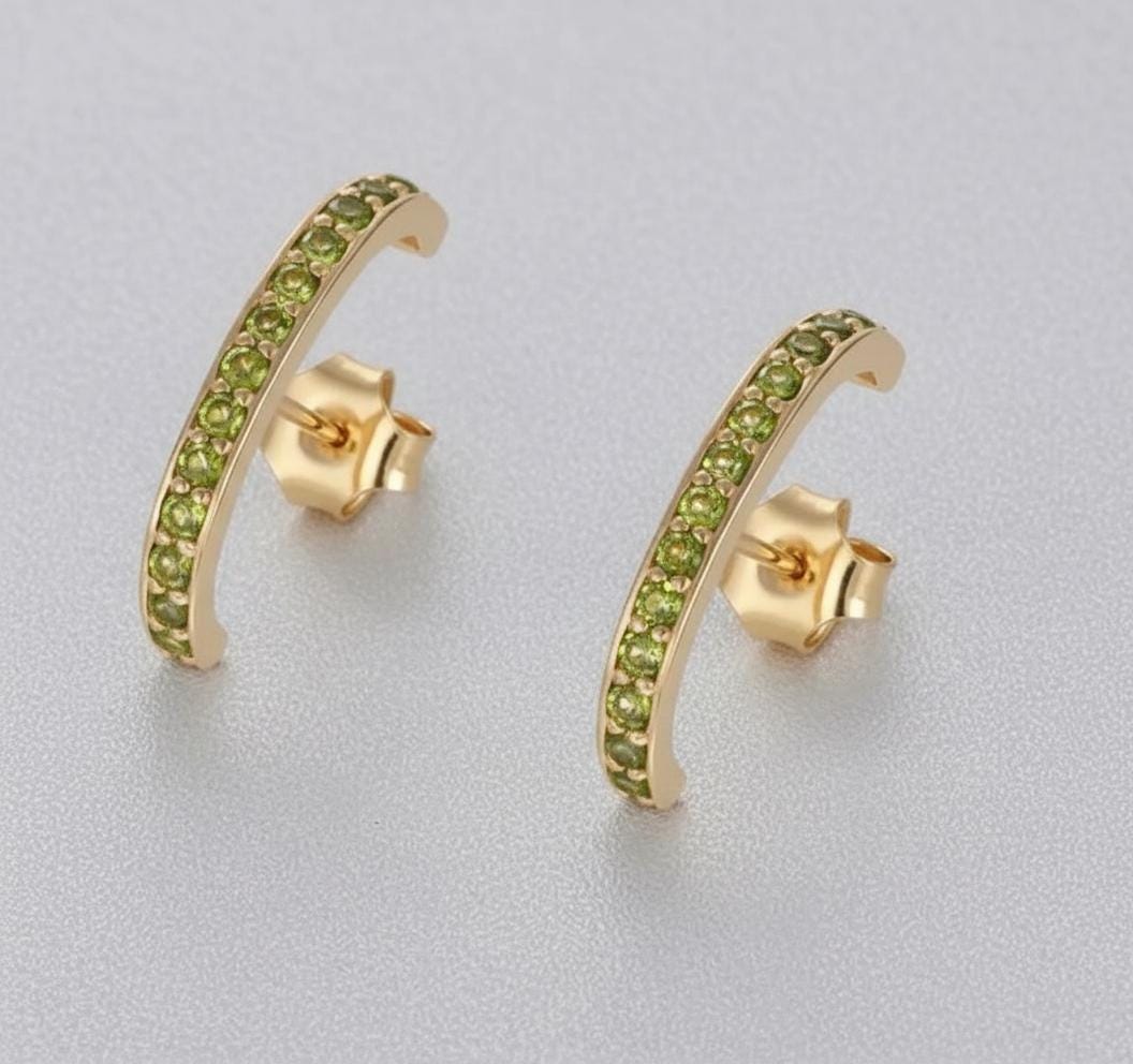 Channel Set Peridot Earrings, Curve Bar Stud Earrings, August Birthstone Gift, Dainty Suspender Earrings, Peridot Earrings Gift for Her