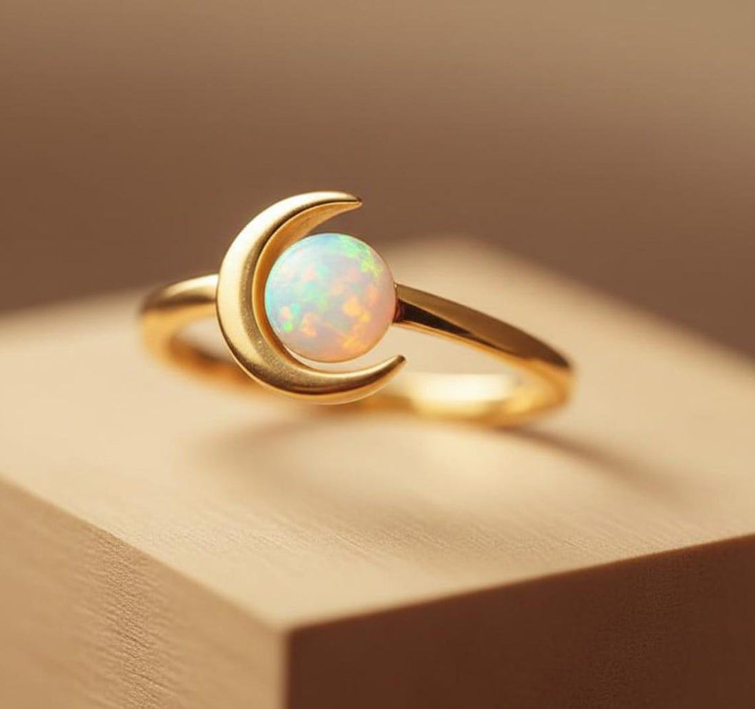 Crescent Moon Opal Ring, 18K Gold Plated White Fire Opal Ring Celestial Space Gift for Her, Best Friend Gift, Crescent Moon Jewelry
