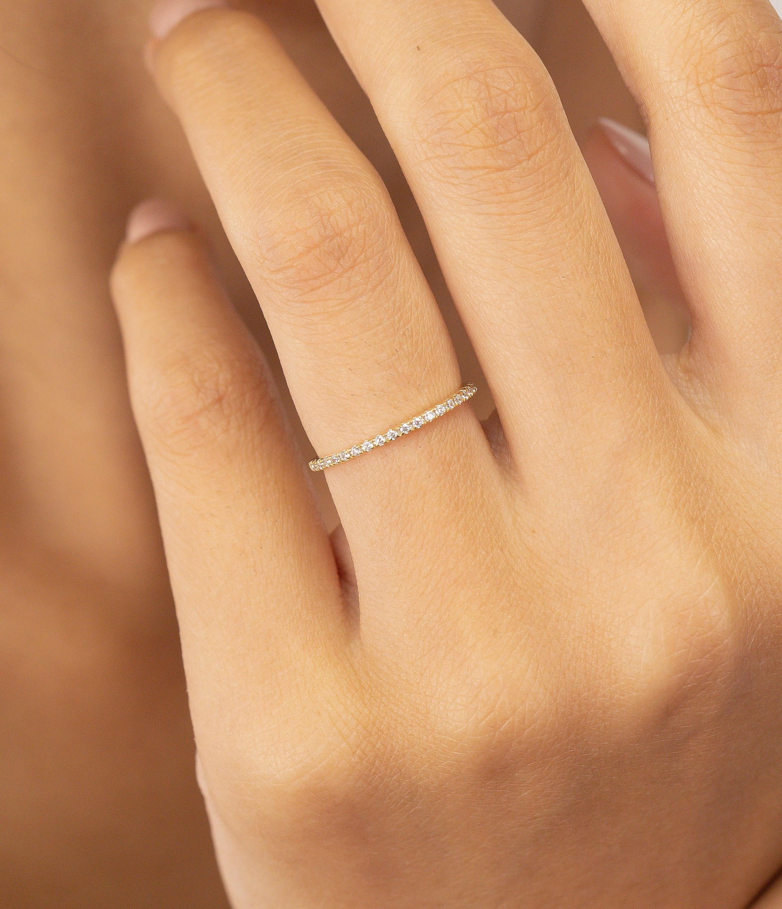 Micro Pave Eternity Diamond Wedding Ring, 1.3 MM Half Eternity Band, Dainty Stackable Band, Anniversary Gift, Valentine's Day Gift