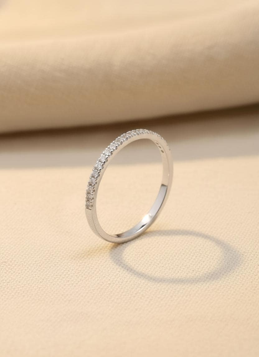 Micro Pave Eternity Diamond Wedding Ring, 1.3 MM Half Eternity Band, Dainty Stackable Band, Anniversary Gift, Valentine's Day Gift