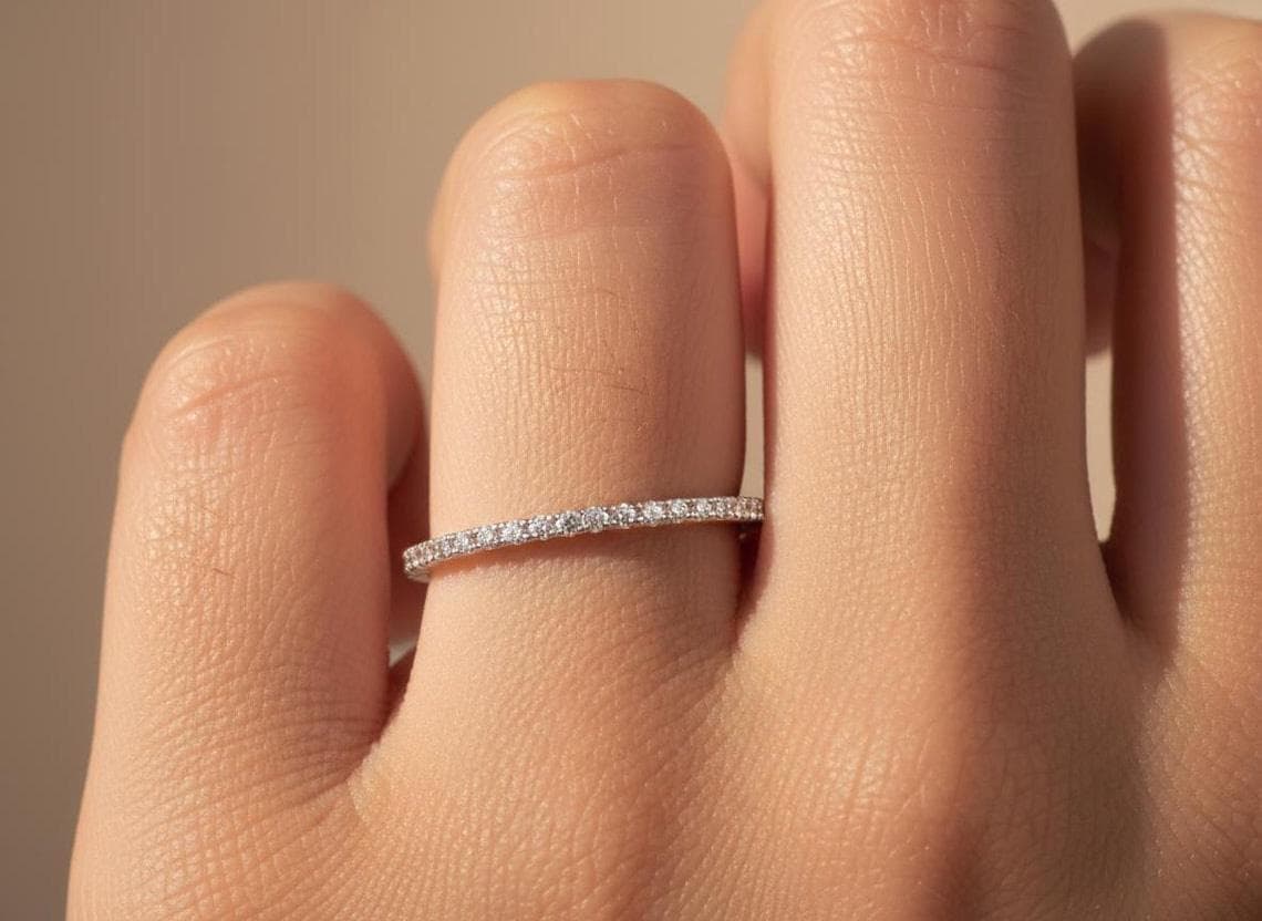 Micro Pave Eternity Diamond Wedding Ring, 1.3 MM Half Eternity Band, Dainty Stackable Band, Anniversary Gift, Valentine's Day Gift