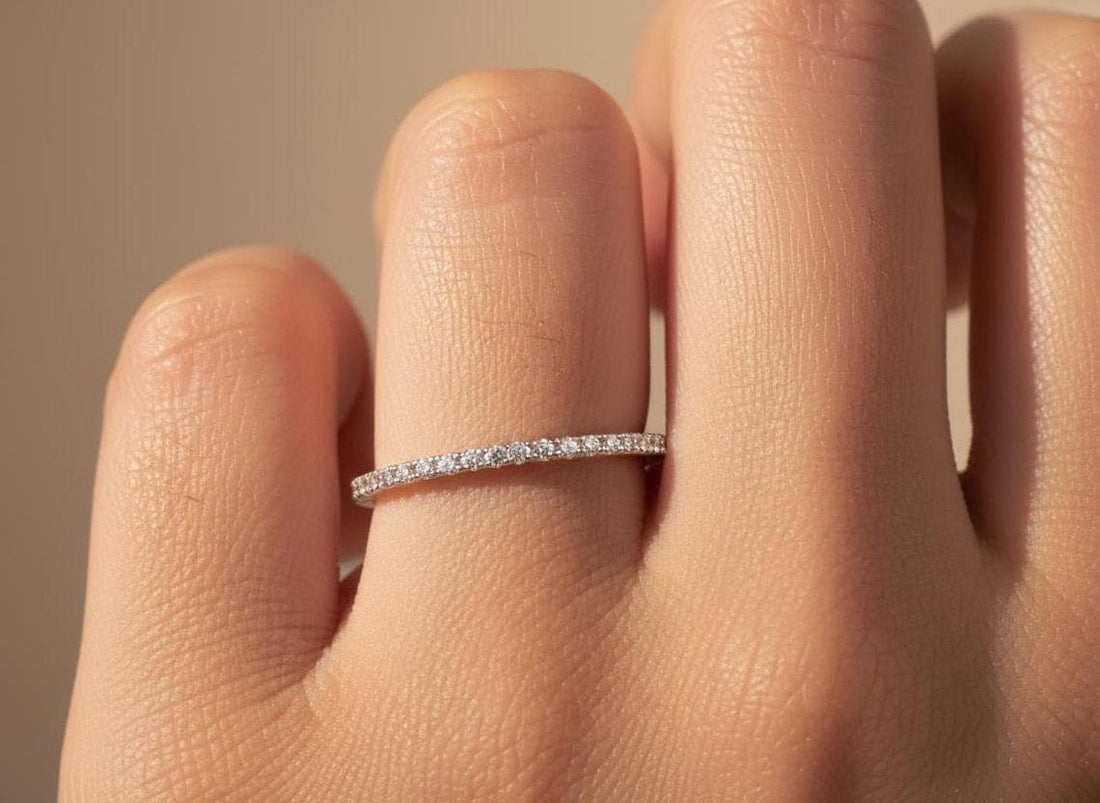 Micro Pave Eternity Diamond Wedding Ring, 1.3 MM Half Eternity Band, Dainty Stackable Band, Anniversary Gift, Valentine's Day Gift