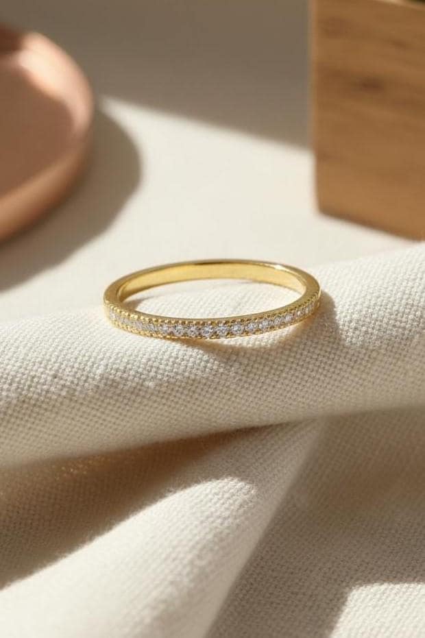 Micro Pave Eternity Diamond Wedding Ring, 1.3 MM Half Eternity Band, Dainty Stackable Band, Anniversary Gift, Valentine's Day Gift