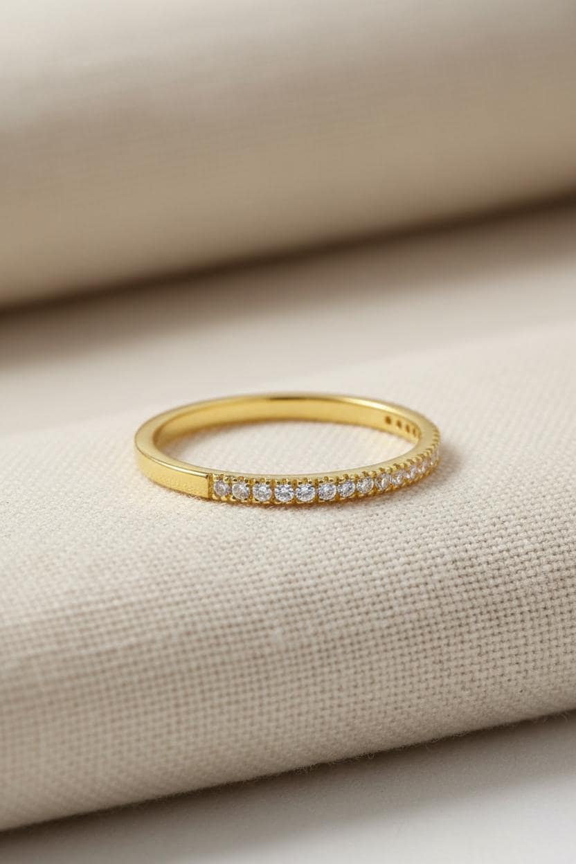 Micro Pave Eternity Diamond Wedding Ring, 1.3 MM Half Eternity Band, Dainty Stackable Band, Anniversary Gift, Valentine's Day Gift