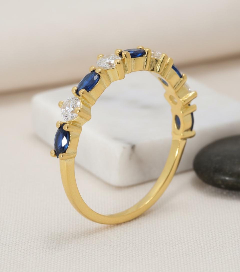 Blue Sapphire Marquise Wedding Ring, September Birthstone Ring, 18K Gold Half Eternity Wedding Band,  Blue Gemstone Band Gift for Her
