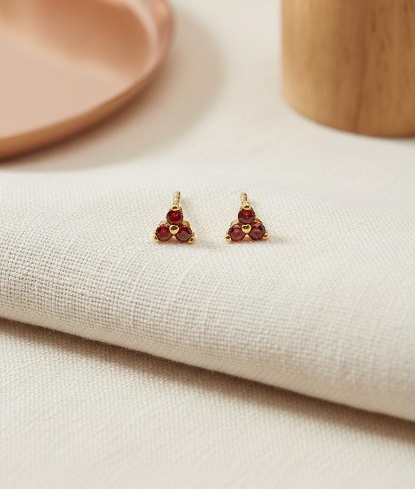 Garnet Earrings / Trio Stud Earrings / January Birthstone / Three Stone Earrings / Birthstone Studs / Holiday Gift for Her