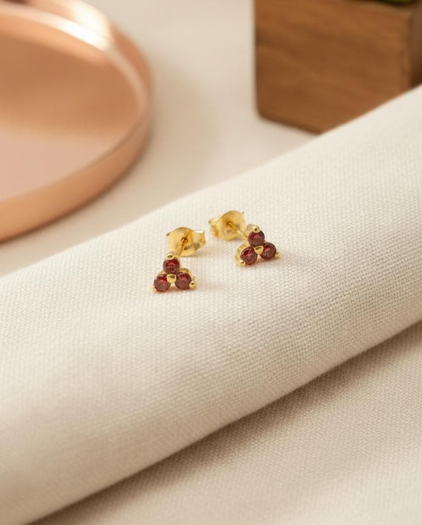 Garnet Earrings / Trio Stud Earrings / January Birthstone / Three Stone Earrings / Birthstone Studs / Holiday Gift for Her