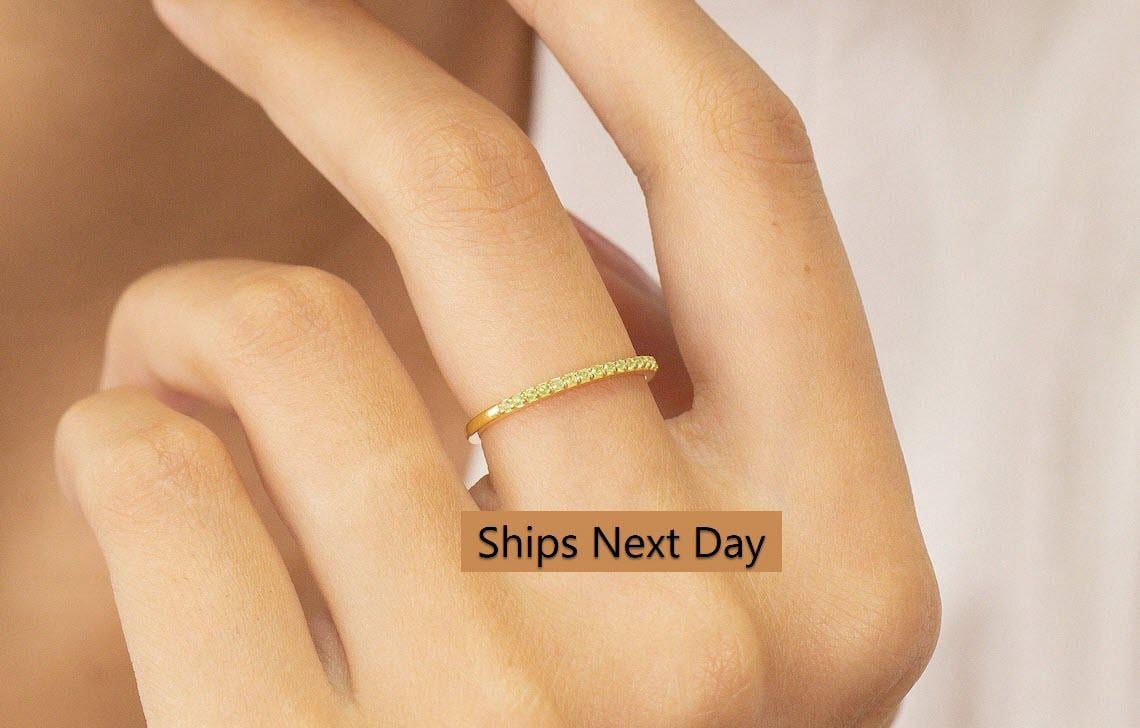 Micro Pave Peridot Wedding Band, Sterling Silver Dainty Stackable Band, August Birthstones, Stacking Ring