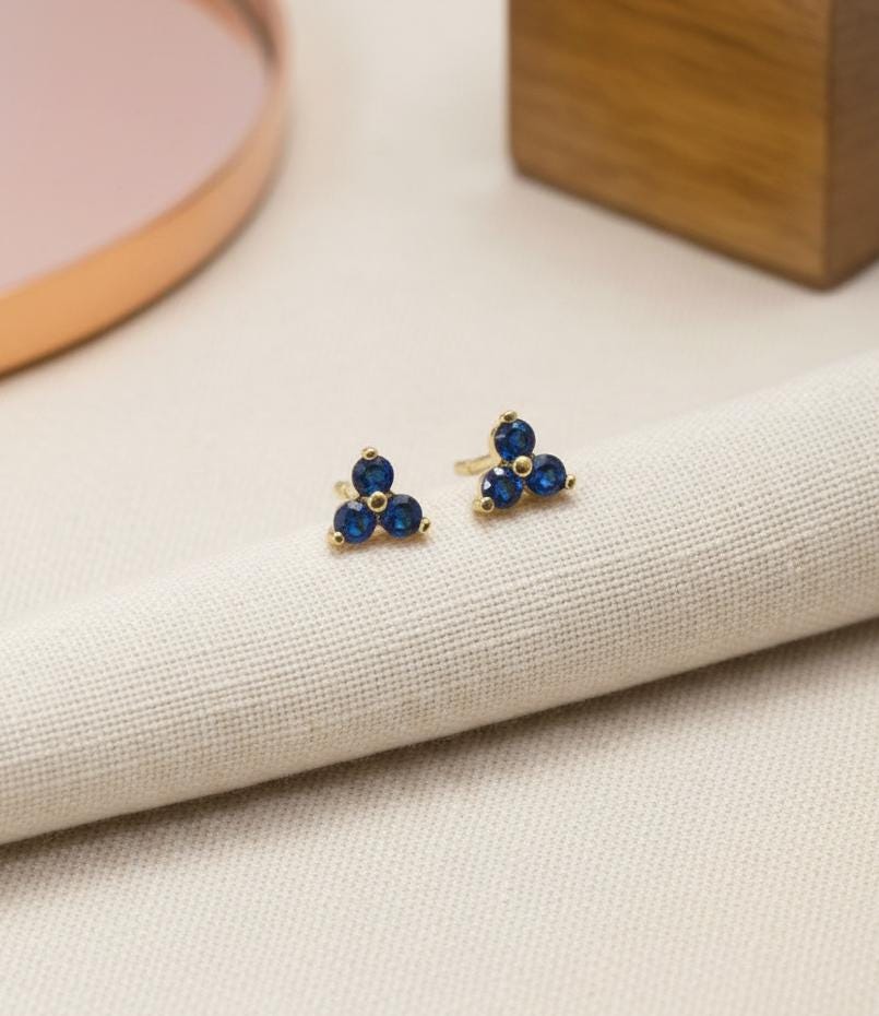 Blue Sapphire Earrings / Trio Stud Earrings / September Birthstone Gift / Three Stone Earrings / Minimalist Earrings / In Stock