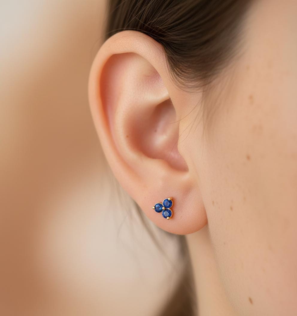 Blue Sapphire Earrings / Trio Stud Earrings / September Birthstone Gift / Three Stone Earrings / Minimalist Earrings / In Stock