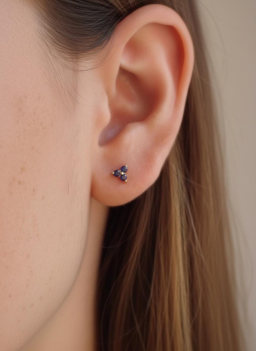 Blue Sapphire Earrings / Trio Stud Earrings / September Birthstone Gift / Three Stone Earrings / Minimalist Earrings / In Stock