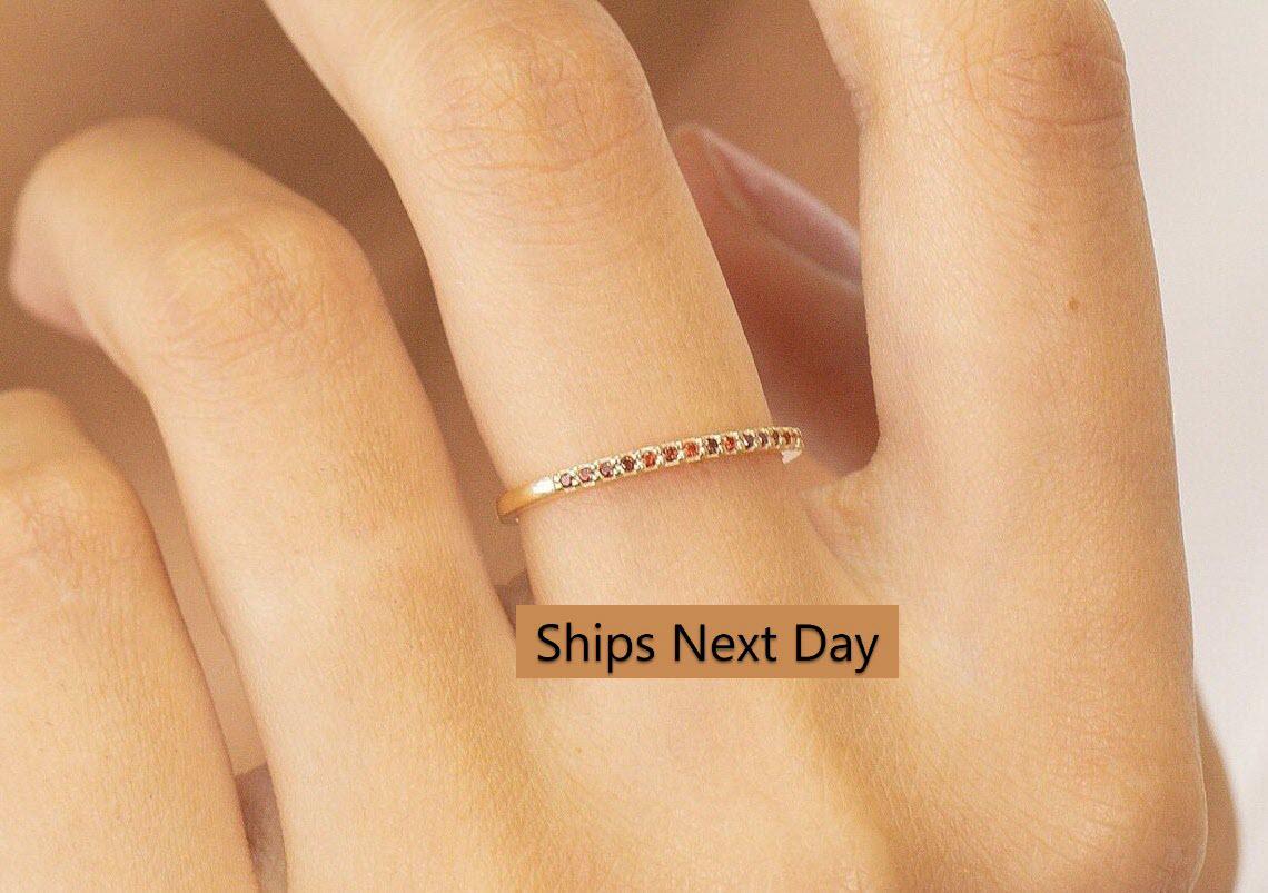 Micro Pave Garnet Wedding Band, Sterling Silver Dainty Stackable Band, January Birthstones, Stacking Ring