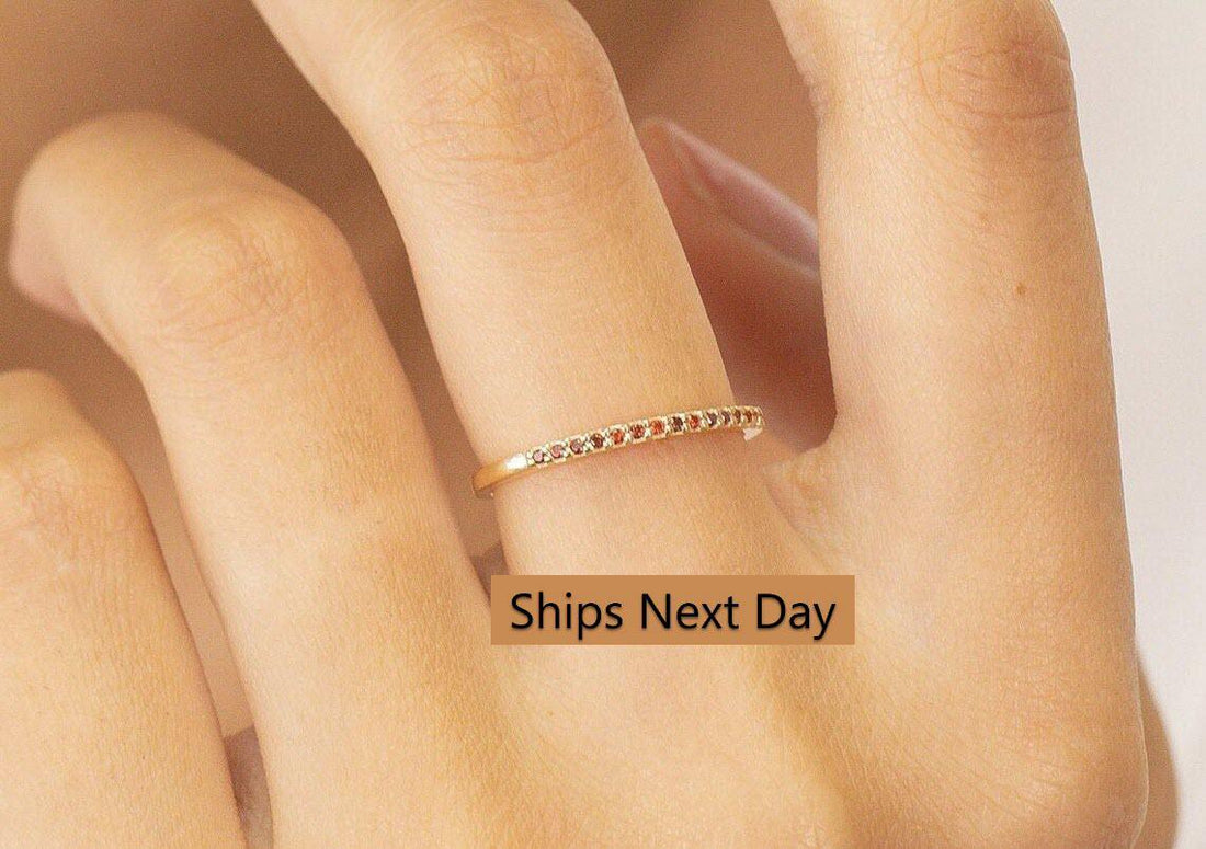 Micro Pave Garnet Wedding Band, Sterling Silver Dainty Stackable Band, January Birthstones, Stacking Ring
