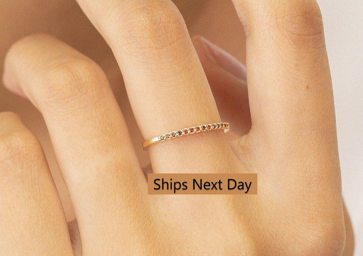 Micro Pave Garnet Wedding Band, Sterling Silver Dainty Stackable Band, January Birthstones, Stacking Ring