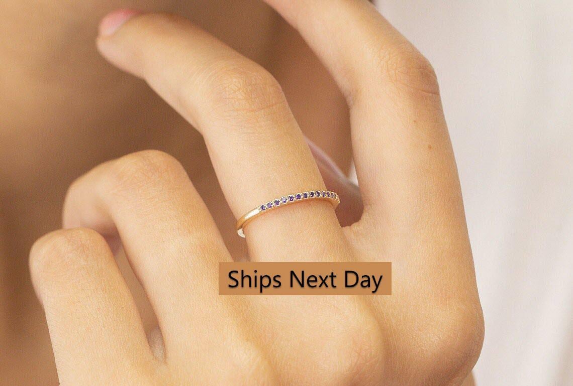 Micro Pave Amethyst Wedding Band, Sterling Silver Dainty Stackable Band, February Birthstones, Stacking Ring