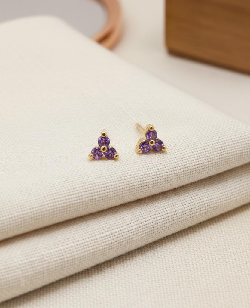 Amethyst Earrings / Trio Stud Earrings / February Birthstone Gift / Three Stone Earrings / Minimalist Earrings