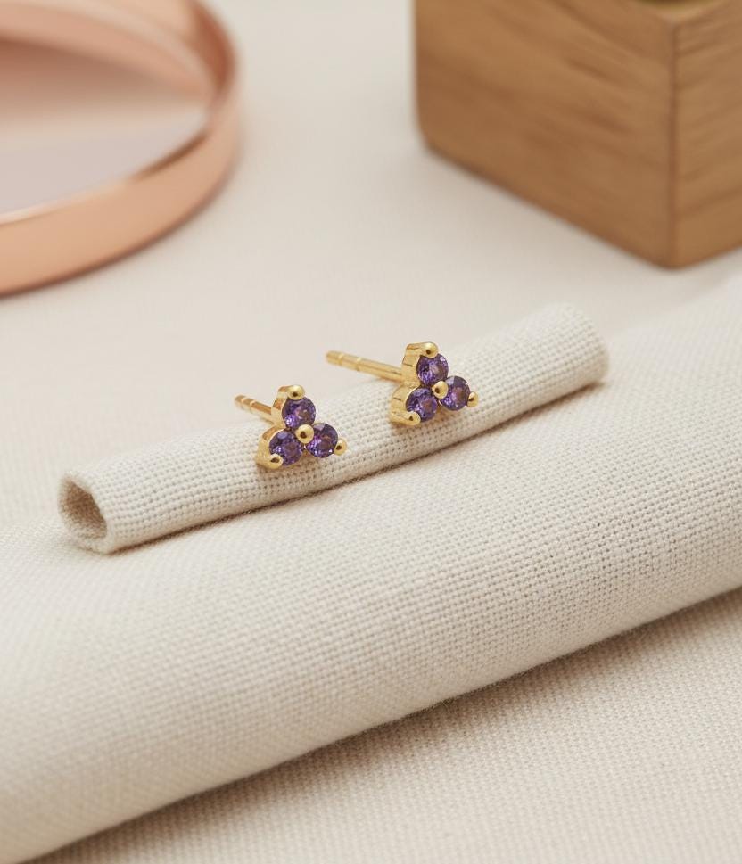 Amethyst Earrings / Trio Stud Earrings / February Birthstone Gift / Three Stone Earrings / Minimalist Earrings