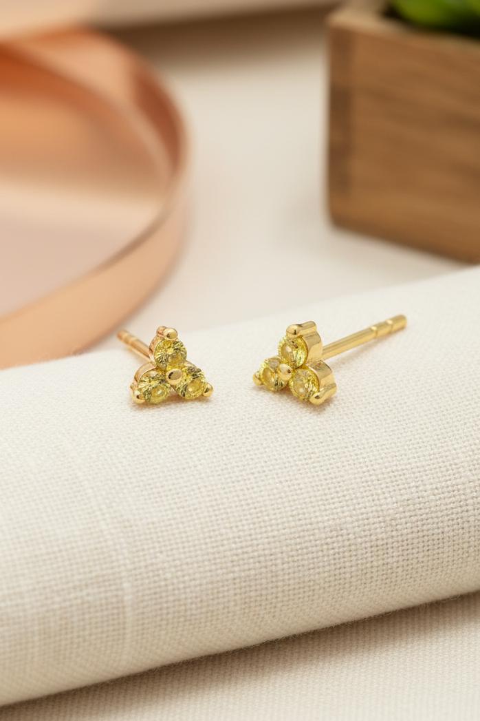 Yellow Sapphire Earrings / Trio Sapphire Studs / Bridesmaid Gifts / Three Stone Earrings / Minimalist Earrings / In Stock